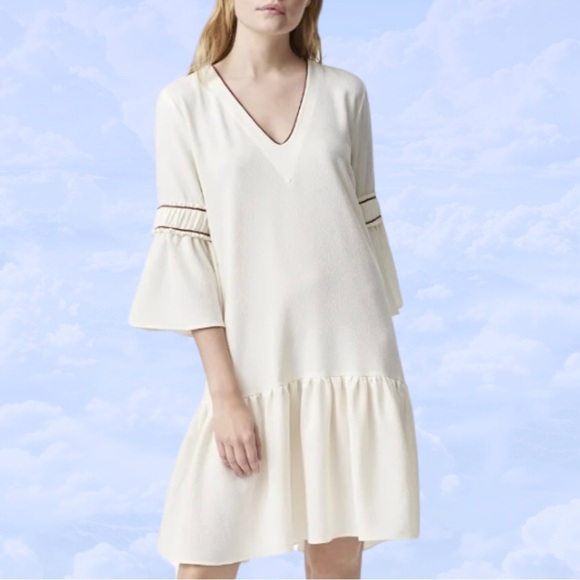 Ganni Sale! NWT Cream Dress Bell Sleeve Drop Waist Midi Clark Dress 36 Medium - Picture 2 of 6